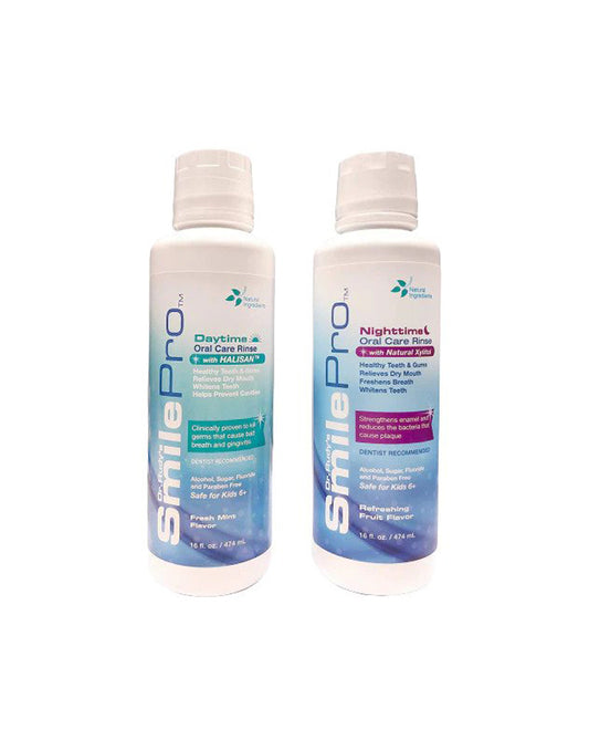 Two Dr. Rudy's SmilePro AM and PM Oral Care Rinse bottles side by side